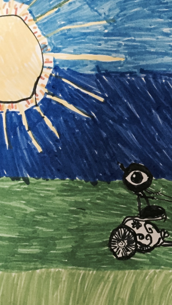 Dessin d'enfant représentant phaéton sur son char. Le ciel et l'herbe forment un dégradé de couleurs du bleu au vert. Le soleil brille dans le coin gauche.